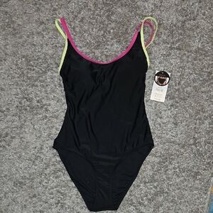 Black One-Piece Swimsuit with Neon Straps